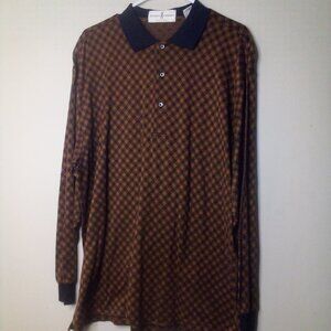 Fairway & Greene Polo Shirt L Men Long Sleeve Golf Plaid Brown Black